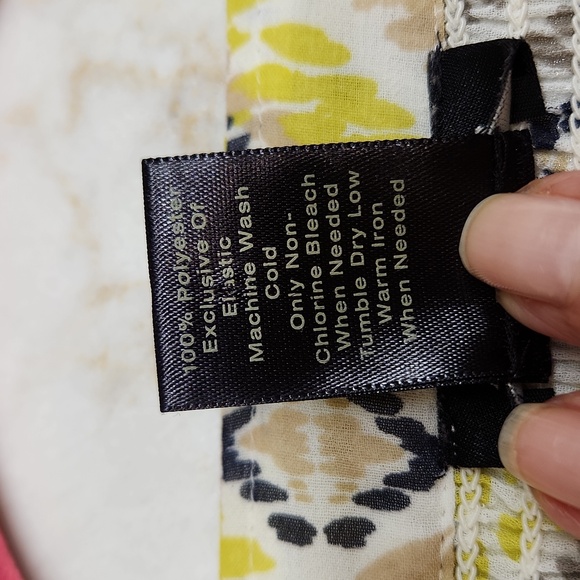Ann Taylor Factory Boho Blouse. White, Navy, Tan, Chartreuse pattern. Medium - Picture 5 of 7